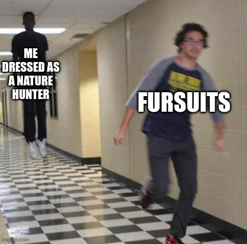 LOLOLOLOLOLOL | ME DRESSED AS A NATURE HUNTER; FURSUITS | image tagged in floating boy chasing running boy | made w/ Imgflip meme maker