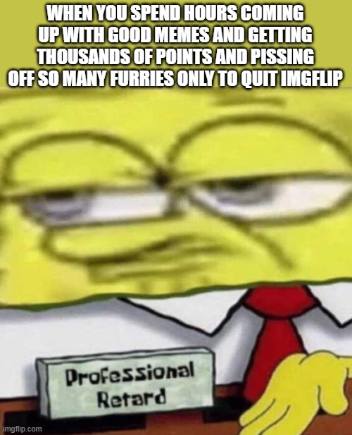 consider this my farewell card. bye guys! | WHEN YOU SPEND HOURS COMING UP WITH GOOD MEMES AND GETTING THOUSANDS OF POINTS AND PISSING OFF SO MANY FURRIES ONLY TO QUIT IMGFLIP | image tagged in spongebob professional,memes,funny memes,farewell,good bye,bye bye | made w/ Imgflip meme maker