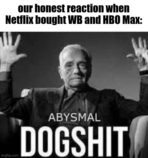ABSOLUTE CINEMA IS DEAD..... | our honest reaction when Netflix bought WB and HBO Max: | image tagged in abysmal dogshit,warner bros,netflix,memes | made w/ Imgflip meme maker