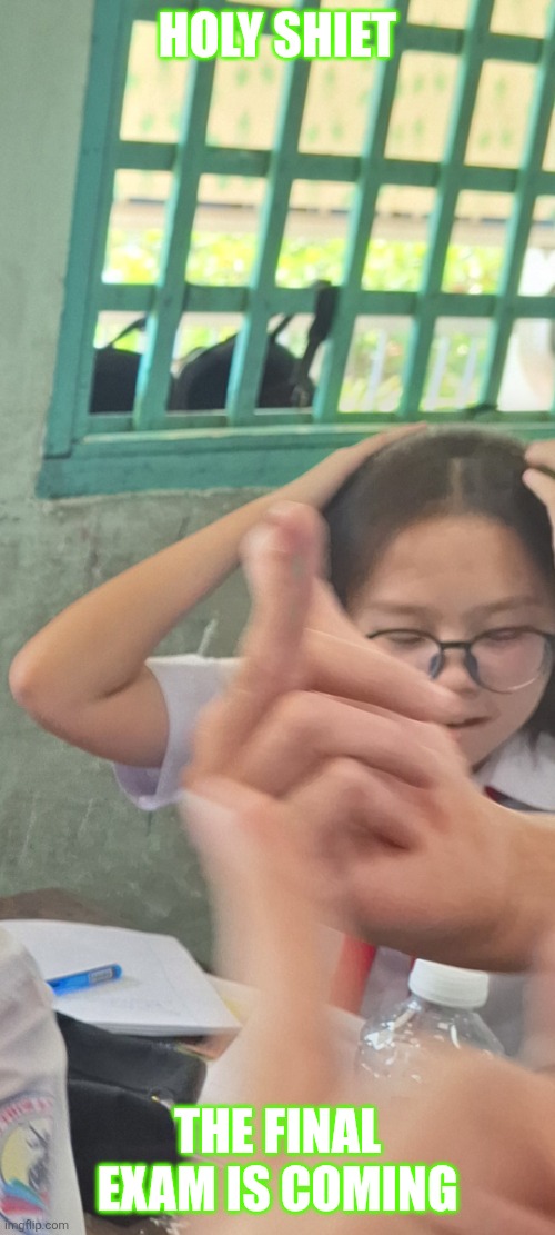 Low quality surprised girl | HOLY SHIET; THE FINAL EXAM IS COMING | image tagged in low quality surprised girl | made w/ Imgflip meme maker