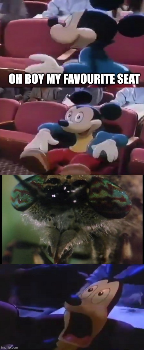 A close-up of Wormy (as a butterfly) scares poor Mickey to death! | OH BOY MY FAVOURITE SEAT | image tagged in oh boy my favorite seat,spongebob squarepants,wormy,nightmare fuel | made w/ Imgflip meme maker