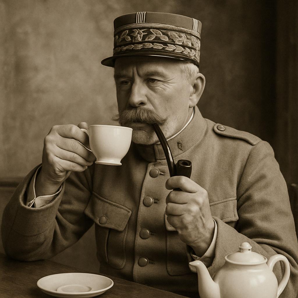 französischer General Erster Weltkrieg trinkt Tee und raucht Pfe Blank Meme Template