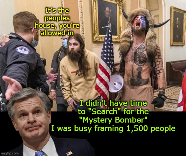 All Wray had to do, was check Pelosi's LUDS (Local usage details) | It's the peoples house, you're allowed in; I didn't have time to "Search" for the "Mystery Bomber"
I was busy framing 1,500 people | image tagged in wray farming jan rioters bomber meme,cole called dnc asking for pelosi | made w/ Imgflip meme maker
