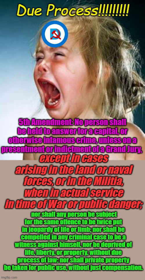 Illegal Immigration is not a Capital or Infamous crime, it's generally a misdemeanor or civil crime- very different Due Process | Due Process!!!!!!!!! 5th Amendment: No person shall be held to answer for a capital, or otherwise infamous crime, unless on a presentment or indictment of a Grand Jury, except in cases arising in the land or naval forces, or in the Militia, when in actual service in time of War or public danger;; nor shall any person be subject for the same offence to be twice put in jeopardy of life or limb; nor shall be compelled in any criminal case to be a witness against himself, nor be deprived of life, liberty, or property, without due process of law; nor shall private property be taken for public use, without just compensation. | image tagged in crybaby goper snowflake | made w/ Imgflip meme maker