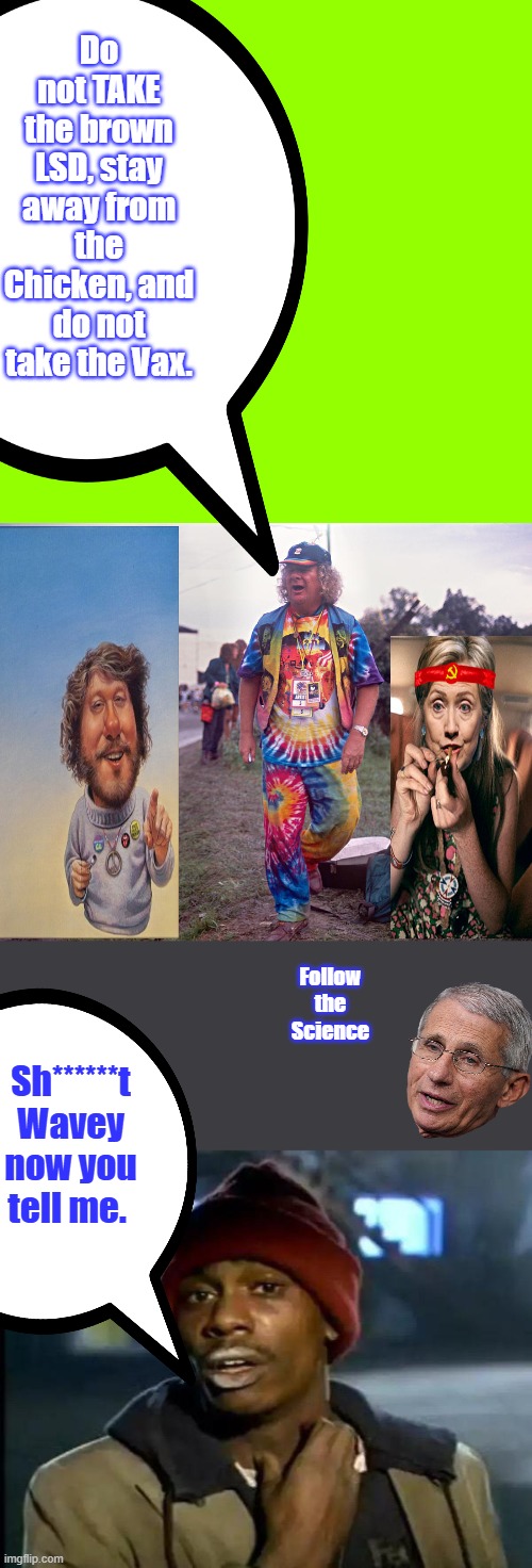 Do not TAKE the brown LSD, stay away from the Chicken, and do not take the Vax. Follow the Science; Sh******t Wavey now you tell me. | image tagged in memes,y'all got any more of that | made w/ Imgflip meme maker