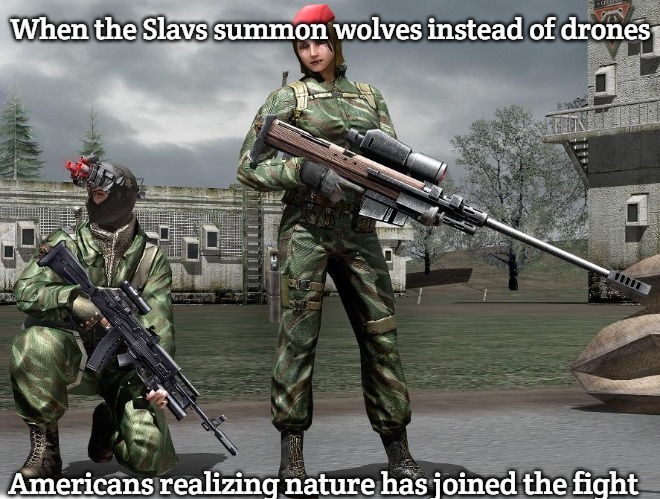 Slavic Spetsnaz Wolves | When the Slavs summon wolves instead of drones; Americans realizing nature has joined the fight | image tagged in slavic spetsnaz wolves,slavic-american war,slavic lives matter | made w/ Imgflip meme maker