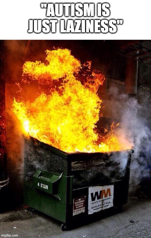 Dumpster Fire | "AUTISM IS JUST LAZINESS" | image tagged in dumpster fire | made w/ Imgflip meme maker
