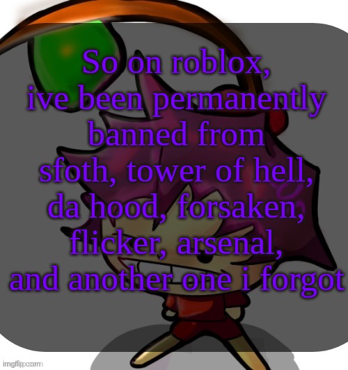 flicker is an fps game with the bounciest animations I've ever seen | So on roblox, ive been permanently banned from sfoth, tower of hell, da hood, forsaken, flicker, arsenal, and another one i forgot | image tagged in c0p template blah blah blah you know how this goes | made w/ Imgflip meme maker