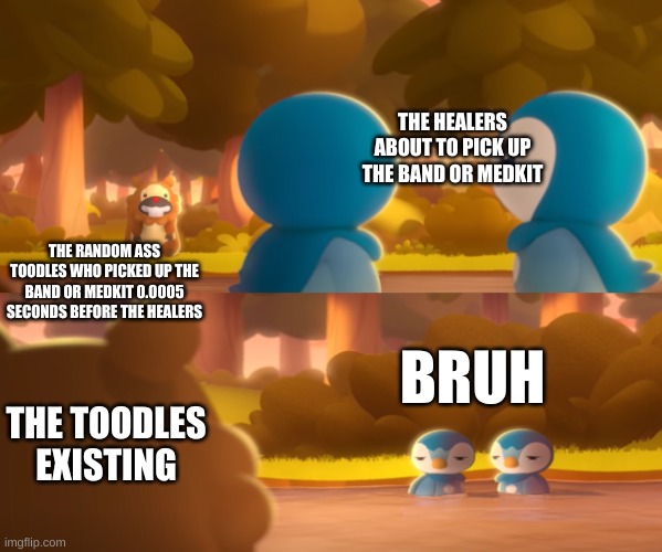 piplup stare | THE HEALERS ABOUT TO PICK UP THE BAND OR MEDKIT; THE RANDOM ASS TOODLES WHO PICKED UP THE BAND OR MEDKIT 0.0005 SECONDS BEFORE THE HEALERS; BRUH; THE TOODLES EXISTING | image tagged in piplup stare | made w/ Imgflip meme maker