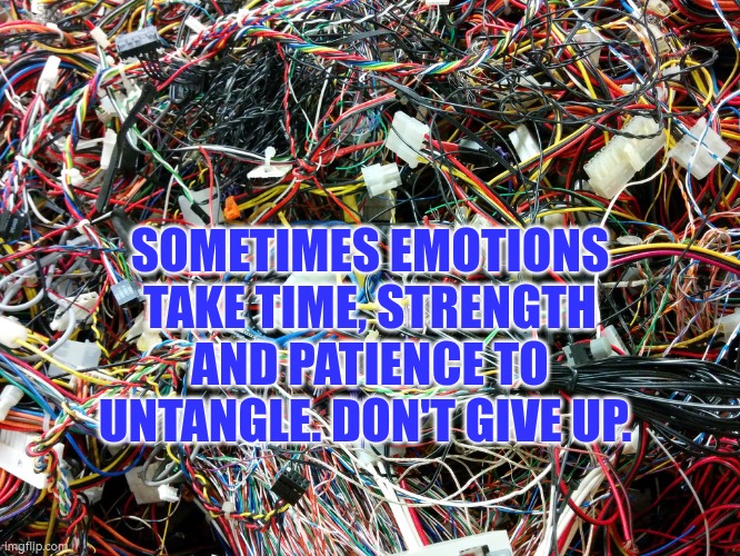 Sometimes emotions take time, strength and patience to untangle and process. Don't give up. | SOMETIMES EMOTIONS TAKE TIME, STRENGTH AND PATIENCE TO UNTANGLE. DON'T GIVE UP. | image tagged in autism,emotions,wellbeing | made w/ Imgflip meme maker