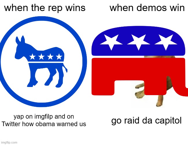 hi | when the rep wins; when demos win; yap on imgfilp and on Twitter how obama warned us; go raid da capitol | image tagged in memes,buff doge vs cheems | made w/ Imgflip meme maker