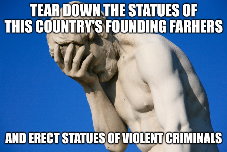 The Democrats are anti American. | TEAR DOWN THE STATUES OF THIS COUNTRY'S FOUNDING FARHERS; AND ERECT STATUES OF VIOLENT CRIMINALS | image tagged in embarrassed statue,democrats,leftists,hypocrisy,statues | made w/ Imgflip meme maker