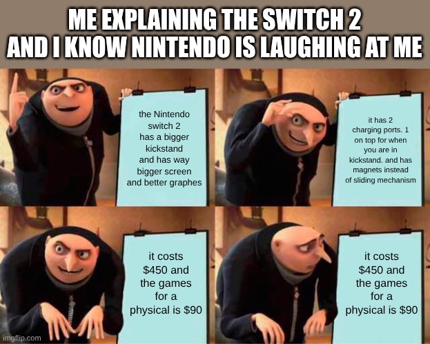 me be like with nintendo | ME EXPLAINING THE SWITCH 2 AND I KNOW NINTENDO IS LAUGHING AT ME; the Nintendo switch 2 has a bigger kickstand and has way bigger screen and better graphes; it has 2 charging ports. 1 on top for when you are in kickstand. and has magnets instead of sliding mechanism; it costs $450 and the games for a physical is $90; it costs $450 and the games for a physical is $90 | image tagged in memes,gru's plan | made w/ Imgflip meme maker