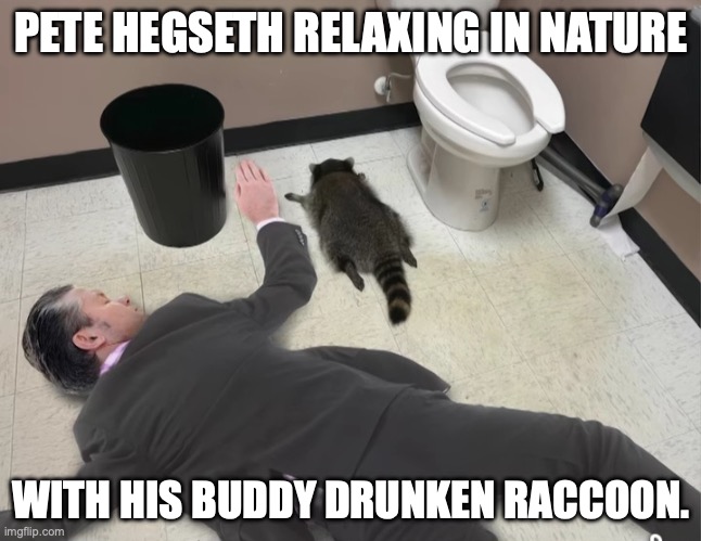 The Fog of War (don't worry, the raccoon is on the Signal military messaging threads too) | PETE HEGSETH RELAXING IN NATURE; WITH HIS BUDDY DRUNKEN RACCOON. | image tagged in pete hegseth with the drunken raccoon,maga,alcoholic,impeachment,wildlife | made w/ Imgflip meme maker