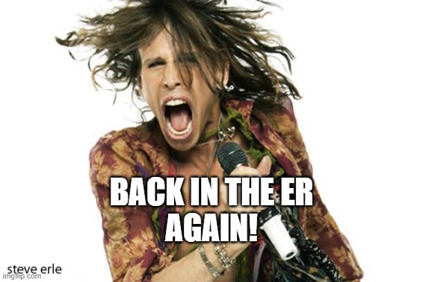 Back in the ER again | BACK IN THE ER
AGAIN! | image tagged in steve tyler aerosmith | made w/ Imgflip meme maker