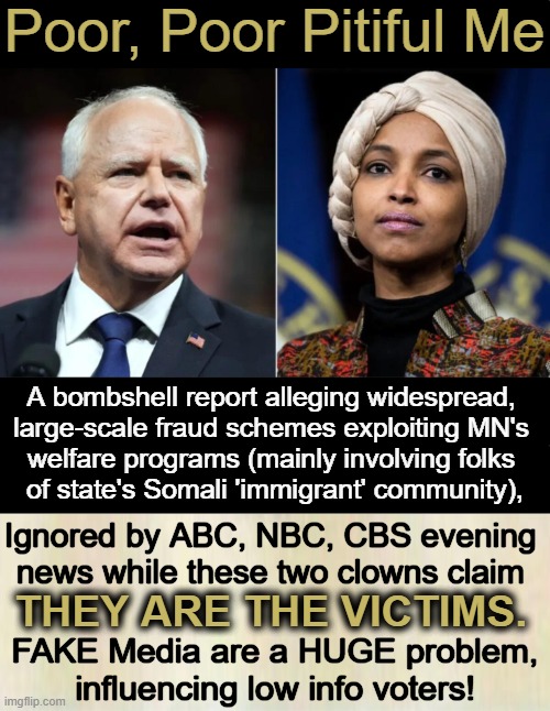 Hey, Liberals ~~ There's RIGHT, There's WRONG, and FACTS & TRUTH Matter! | Poor, Poor Pitiful Me; A bombshell report alleging widespread, 
large-scale fraud schemes exploiting MN's 
welfare programs (mainly involving folks 
of state's Somali 'immigrant' community), Ignored by ABC, NBC, CBS evening 
news while these two clowns claim; THEY ARE THE VICTIMS. FAKE Media are a HUGE problem,
influencing low info voters! | image tagged in tim walz,ilhan omar,victims,minnesota,fraud,biased media | made w/ Imgflip meme maker
