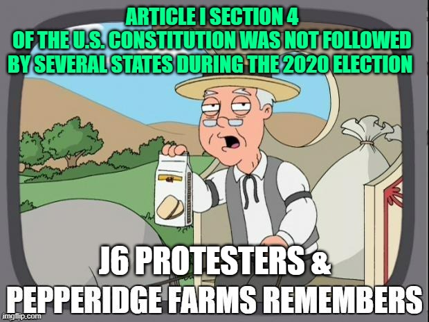 PEPPERIDGE FARMS REMEMBERS | ARTICLE I SECTION 4
OF THE U.S. CONSTITUTION WAS NOT FOLLOWED
BY SEVERAL STATES DURING THE 2020 ELECTION J6 PROTESTERS & | image tagged in pepperidge farms remembers | made w/ Imgflip meme maker