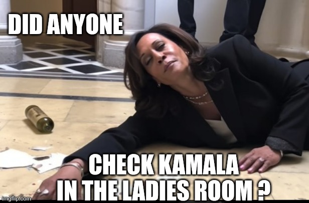 drunk kamala | DID ANYONE CHECK KAMALA IN THE LADIES ROOM ? | image tagged in drunk kamala | made w/ Imgflip meme maker