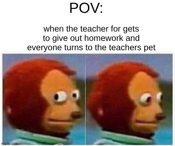 Monkey Puppet Meme | POV:; when the teacher for gets to give out homework and everyone turns to the teachers pet | image tagged in memes,monkey puppet | made w/ Imgflip meme maker