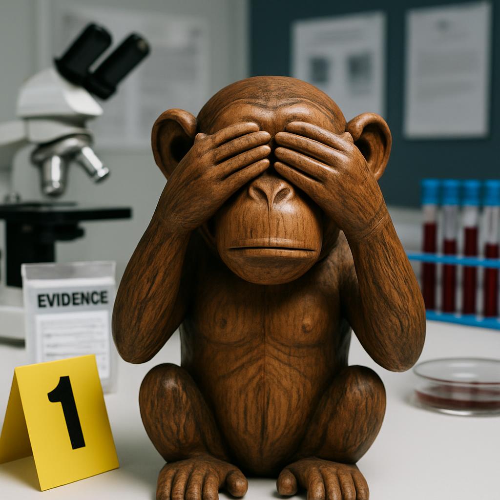 see no evil monkey statue in a crime lab Blank Meme Template