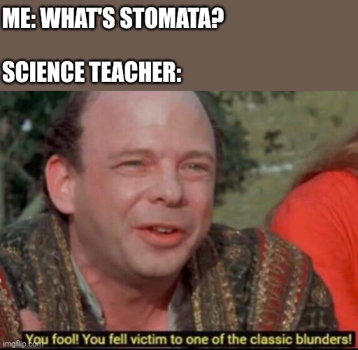 What's stomata?" "I don't know, what's stomata with you?" | ME: WHAT'S STOMATA?
 
SCIENCE TEACHER: | image tagged in you fool you fell victim to one of the classic blunders,dad joke dog,dad joke,science,bill nye the science guy,lol so funny | made w/ Imgflip meme maker