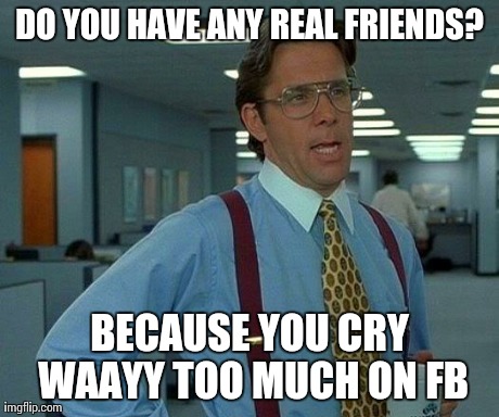 That Would Be Great Meme | DO YOU HAVE ANY REAL FRIENDS? BECAUSE YOU CRY WAAYY TOO MUCH ON FB | image tagged in memes,that would be great | made w/ Imgflip meme maker