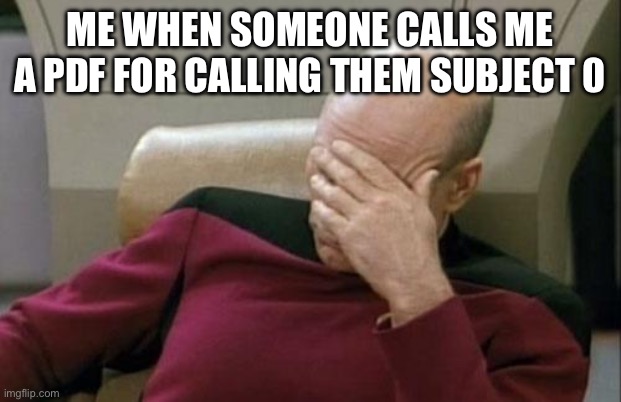 I think they thought I was referencing forsaken because of subject 0… idiot | ME WHEN SOMEONE CALLS ME A PDF FOR CALLING THEM SUBJECT 0 | image tagged in memes,captain picard facepalm,dumbass | made w/ Imgflip meme maker