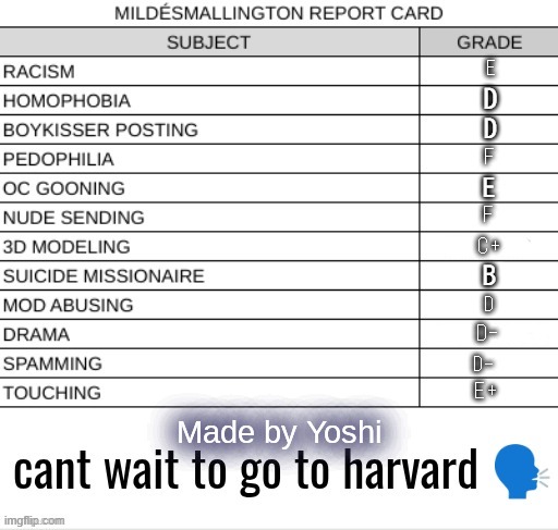 REPORT CARD blank | E; D; D; F; E; F; C+; B; D; D-; D-; E+ | image tagged in report card blank | made w/ Imgflip meme maker