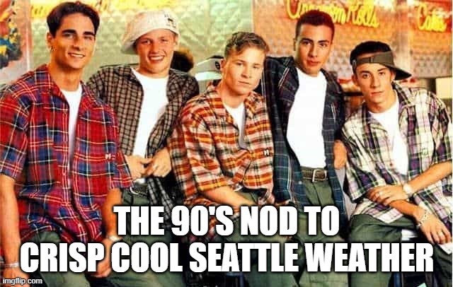 90's Grunge Look | THE 90'S NOD TO CRISP COOL SEATTLE WEATHER | image tagged in 90s kids | made w/ Imgflip meme maker