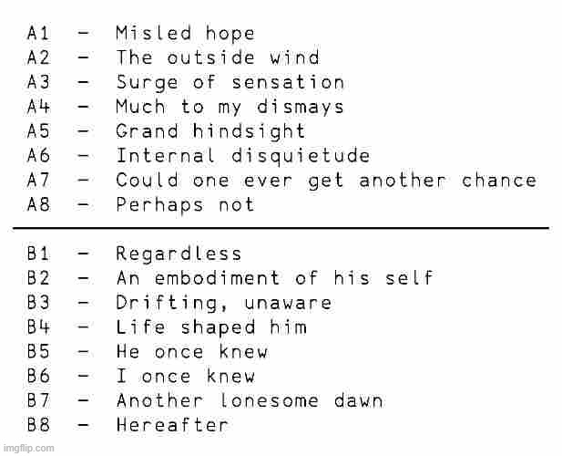 ok posting this again because who cares anyway what do we think of the track titles for the first part x,g,rd, | made w/ Imgflip meme maker