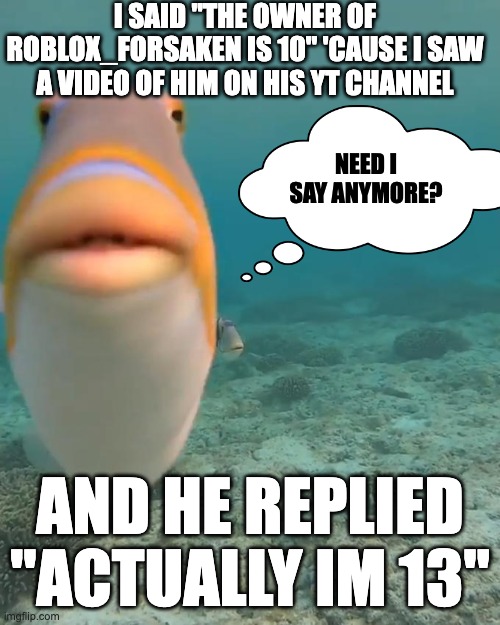 Tell me your thoughts people | I SAID "THE OWNER OF ROBLOX_FORSAKEN IS 10" 'CAUSE I SAW A VIDEO OF HIM ON HIS YT CHANNEL; NEED I SAY ANYMORE? AND HE REPLIED "ACTUALLY IM 13" | image tagged in staring fish,angry baby | made w/ Imgflip meme maker