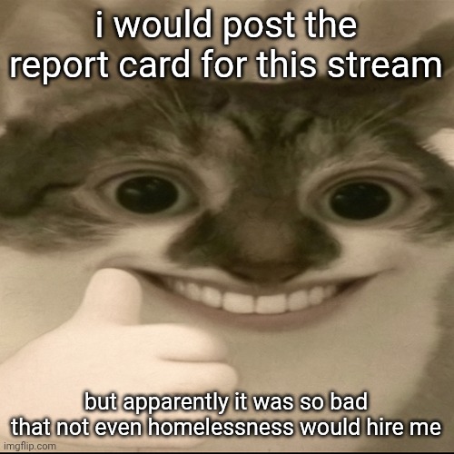 bombastic side eye cat v3 | i would post the report card for this stream; but apparently it was so bad that not even homelessness would hire me | image tagged in bombastic side eye cat v3 | made w/ Imgflip meme maker