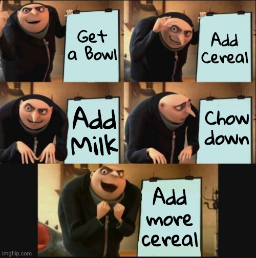 5 panel gru meme | Get a Bowl Add Cereal Add Milk Chow down Add more cereal | image tagged in 5 panel gru meme | made w/ Imgflip meme maker