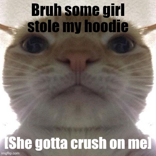 Staring Cat/Gusic | Bruh some girl stole my hoodie; [She gotta crush on me] | image tagged in staring cat/gusic | made w/ Imgflip meme maker