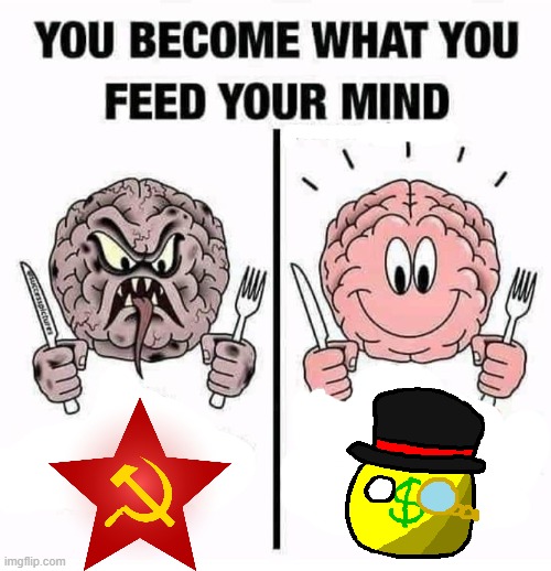 You Become What You Feed Your Mind | image tagged in you become what you feed your mind,capitalism,communism | made w/ Imgflip meme maker