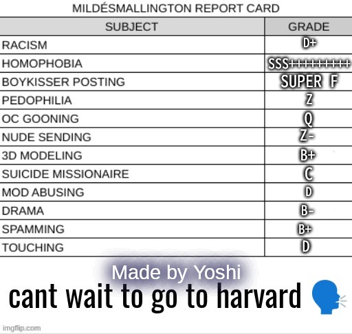 redone | D+; SSS+++++++++; SUPER F; Z; Q; Z-; B+; C; D; B-; B+; D | image tagged in report card blank | made w/ Imgflip meme maker