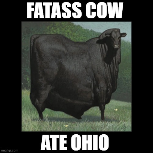 Fatass Cow Ate Ohio | FATASS COW; ATE OHIO | image tagged in only in ohio,ohio | made w/ Imgflip meme maker