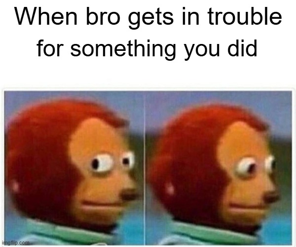 Monkey Puppet Meme | When bro gets in trouble; for something you did | image tagged in memes,monkey puppet | made w/ Imgflip meme maker