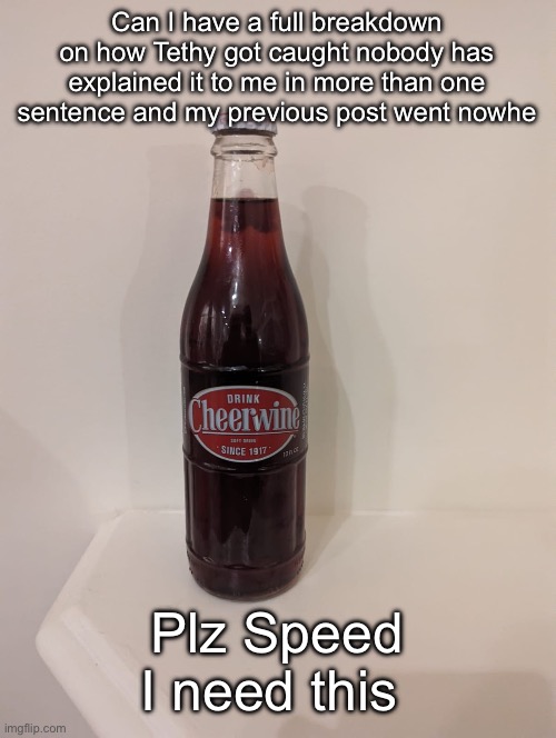 Cheerwine | Can I have a full breakdown on how Tethy got caught nobody has explained it to me in more than one sentence and my previous post went nowhere; Plz Speed I need this | image tagged in cheerwine | made w/ Imgflip meme maker