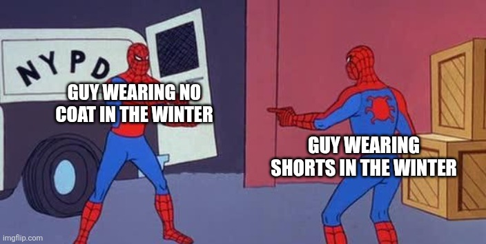Spider Man Double | GUY WEARING NO COAT IN THE WINTER; GUY WEARING SHORTS IN THE WINTER | image tagged in spider man double | made w/ Imgflip meme maker