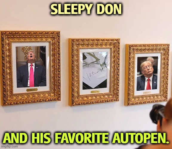 SLEEPY DON; AND HIS FAVORITE AUTOPEN. | image tagged in trump,sleepy,autopen,joe biden | made w/ Imgflip meme maker