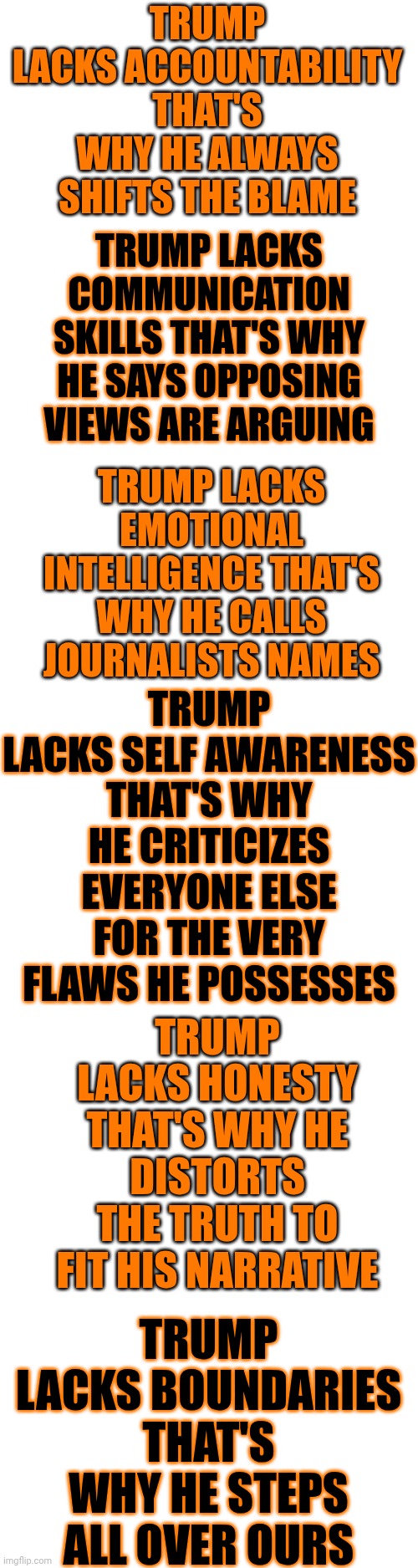 Trump Lacks A LOT | TRUMP LACKS ACCOUNTABILITY THAT'S WHY HE ALWAYS SHIFTS THE BLAME; TRUMP LACKS COMMUNICATION SKILLS THAT'S WHY HE SAYS OPPOSING VIEWS ARE ARGUING; TRUMP LACKS EMOTIONAL INTELLIGENCE THAT'S WHY HE CALLS JOURNALISTS NAMES; TRUMP LACKS SELF AWARENESS THAT'S WHY HE CRITICIZES EVERYONE ELSE FOR THE VERY FLAWS HE POSSESSES; TRUMP LACKS HONESTY THAT'S WHY HE DISTORTS THE TRUTH TO FIT HIS NARRATIVE; TRUMP LACKS BOUNDARIES THAT'S WHY HE STEPS ALL OVER OURS | image tagged in memes,trump lies,special kind of stupid,trump is a moron,trump is mentally ill,lock him up | made w/ Imgflip meme maker