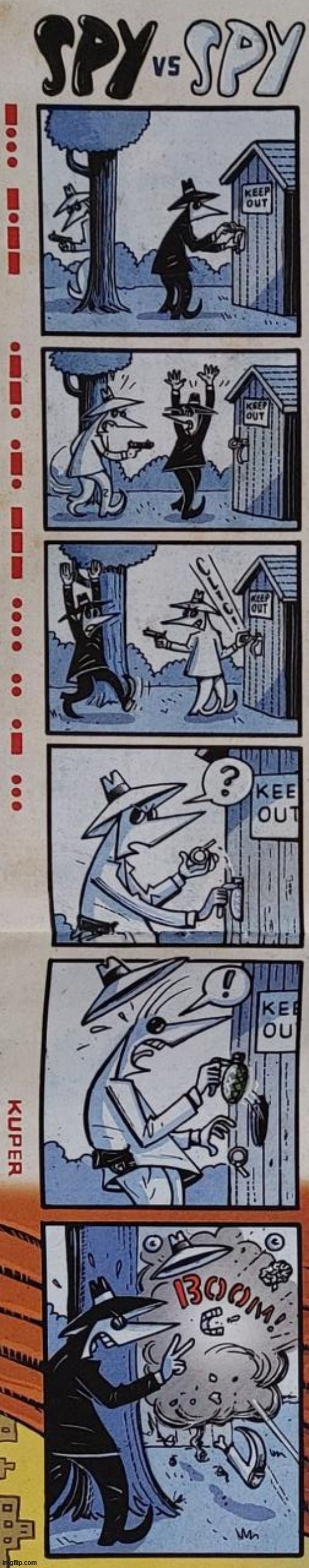 image tagged in spy vs spy,shed,door,key,grenade,boom | made w/ Imgflip meme maker