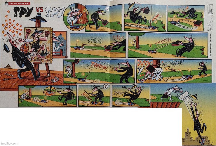 image tagged in spy vs spy,briefcase,car,remote control,rollerskate,cliff | made w/ Imgflip meme maker