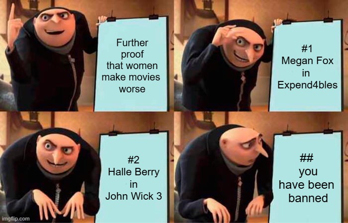 How to ruin good movies by adding a single female character | Further proof that women make movies 
worse; #1
Megan Fox
in 
Expend4bles; #2
Halle Berry
in
John Wick 3; ## 
you
have been 
banned | image tagged in memes,gru's plan | made w/ Imgflip meme maker