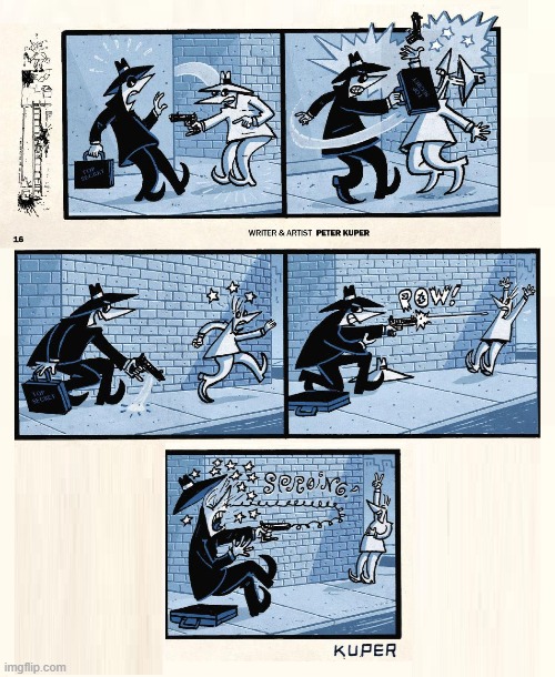 Here we go with some more Spy VS Spy! | image tagged in spy vs spy,fight,briefcase,gun,spring,ouch | made w/ Imgflip meme maker