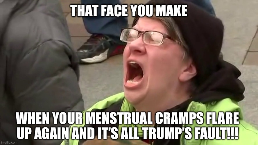 Screaming Libtard  | THAT FACE YOU MAKE; WHEN YOUR MENSTRUAL CRAMPS FLARE UP AGAIN AND IT’S ALL TRUMP’S FAULT!!! | image tagged in screaming libtard | made w/ Imgflip meme maker