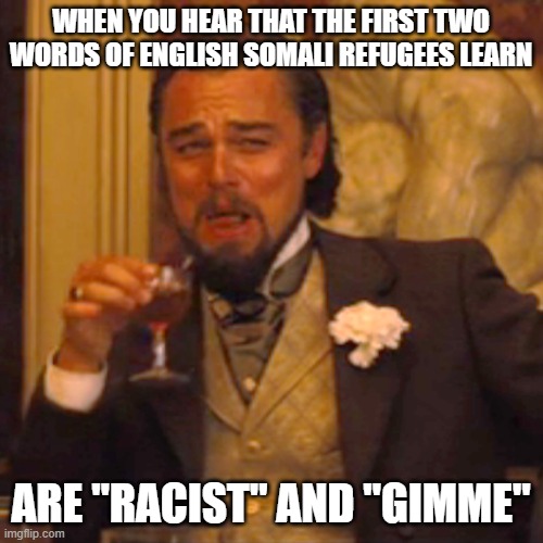 Laughing Leo | WHEN YOU HEAR THAT THE FIRST TWO WORDS OF ENGLISH SOMALI REFUGEES LEARN; ARE "RACIST" AND "GIMME" | image tagged in memes,laughing leo | made w/ Imgflip meme maker