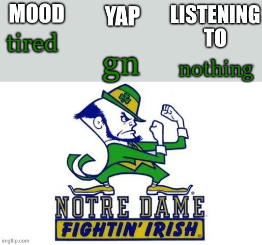 Notre_Dame_fan102's Second Announcement Temp | gn; tired; nothing | image tagged in notre_dame_fan102's second announcement temp | made w/ Imgflip meme maker