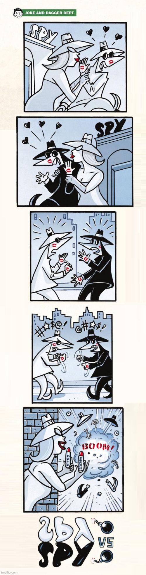 image tagged in spy vs spy,grey,lipstick,kiss,explosion,boom | made w/ Imgflip meme maker